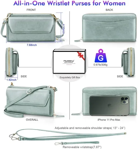 Miniatura 4 de nuoku Cartera RFID para mujer, bolso cruzado con cremallera alrededor de 2 correas