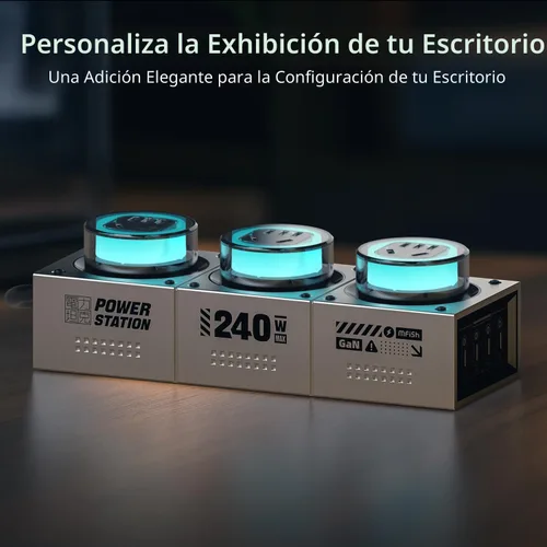 Miniatura 7 de MFish E-Tank - Regleta de alimentación de escritorio GaN de 240 W con luz RGB, estación de carga rápida 7 en 1 (140 W PD 3.1) y 3 salidas de CA