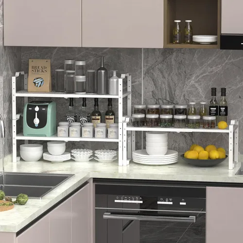 Miniatura 2 de Jojocross Estante expandible para organizador de gabinete, ajustable, apilable, especiero en cocina y baño, 2 paquetes/blanco, mediano