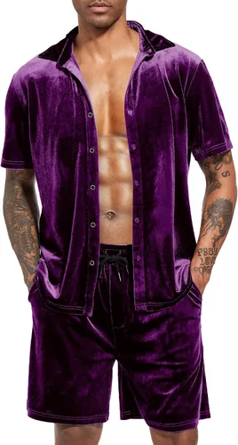 Miniatura 52 de LecGee Conjunto de pantalones cortos casuales de verano para hombre, camisa de terciopelo de manga corta con botones, pantalones cortos de cintura
