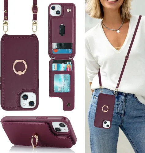 Miniatura 23 de Lipvina Funda para iPhone 14 Plus con tarjetero y correa para mujer, cordón cruzado, bloqueo RFID, soporte de anillo de soporte, cierre a presión