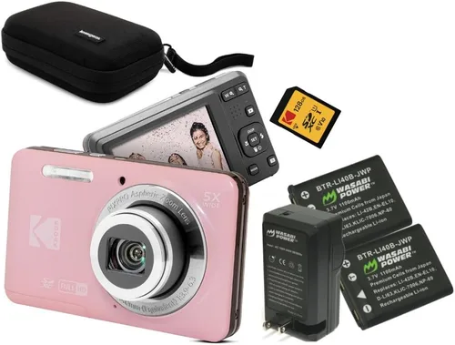 Kodak PixPro Friendly Zoom FZ55 16MP 1080p Cámara digital Full HD (rosa pastel) Paquete con tarjeta SD de 128 GB, batería (paquete de 2) y