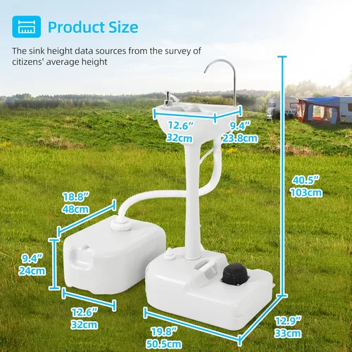 Miniatura 6 de Fregadero portátil para acampar, estación de lavado de manos, soporte de lavabo de 20 litros con ruedas rodantes, dispensador de jabón, soporte