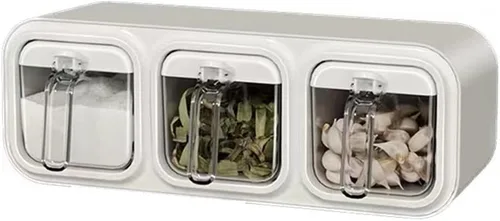 Tarros de especias montados en la pared,Caja de condimentos autoadhesiva con cuchara,Botella dispensadora de condimentos múltiples (blanco 3 piezas)