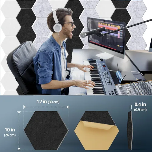 Miniatura 2 de HONORIA Paquete de 12 paneles acústicos, paneles de pared insonorizados, paneles hexagonales autoadhesivos de 12 x 10 x 0.4 pulgadas, paneles