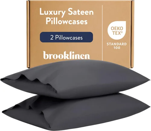 Miniatura 9 de Brooklinen Juego de 2 fundas de almohada de satén de lujo, 100% algodón de fibra larga con cierre de sobre, tela suave, duradera y lavable a Blanco