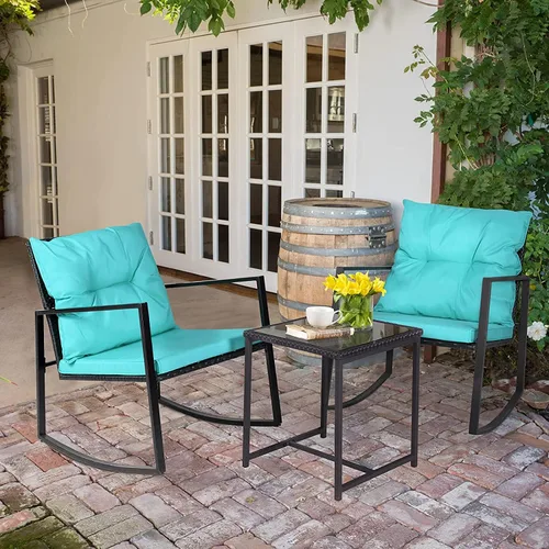 Miniatura 2 de SUNCROWN Juego de 3 sillas mecedoras para exteriores, juego de mimbre para patio, muebles de conversación con cojines y mesa de centro de cristal