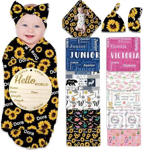 Miniatura 12 de Manta de bebé personalizada para niña y niño, manta de recepción con nombre personalizado con diadema de lazo y sombrero, regalos personalizados