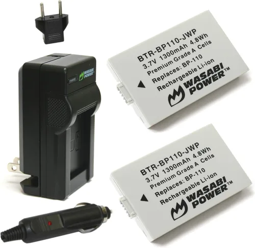 Wasabi Power Batería (paquete de 2) y cargador para Canon BP-110 (totalmente decodificado) y Legria HF R26, Legria HF R28, Legria HF R206, Vixia HF