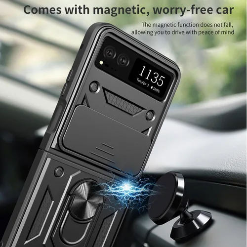 Miniatura 4 de Funda para Motorola Razr 2023 con cubierta de cámara y soporte, protección de lente deslizante + soporte de anillo giratorio de 360°, resistente a