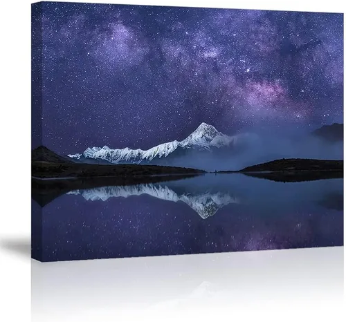 Lasdel Arte de pared pacífico de paisaje de lago de estrellas para dormitorio, cielo nocturno estrellado sobre montaña nevada, decoración de paisaje