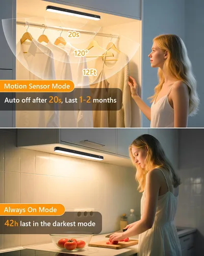 Miniatura 4 de Ferswe Luces de armario recargables, pantalla de nivel de batería, luces regulables, luz con sensor de movimiento de 3000 K para interiores, 60