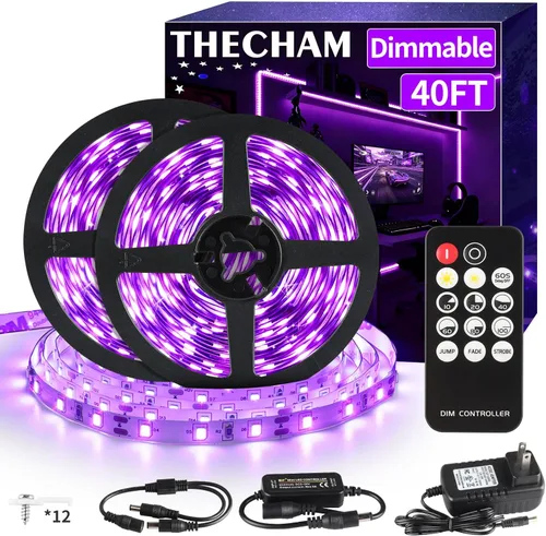 THECHAM Tira de luz negra de 40 pies con control remoto, 720 cuentas de lámpara LED, luces flexibles de 12 V para fiesta brillante, regulable,