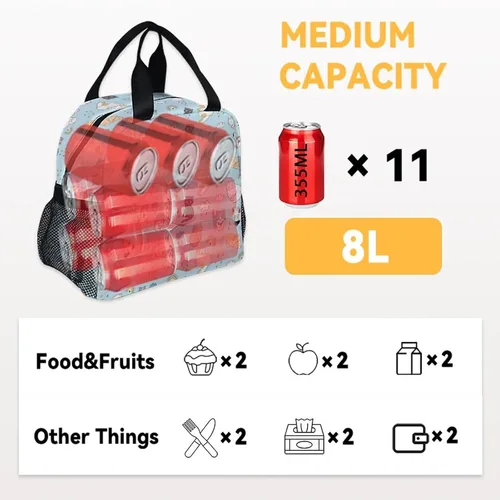 Miniatura 4 de Lonchera para gatos y adolescentes, lonchera aislada para niñas, bonita lonchera azul con bolsillos, bolsa de almuerzo reutilizable mediana