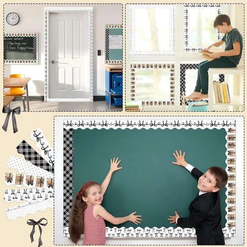 Miniatura 5 de Bordes de tablón de anuncios con lazo negro de 196 pies, 6 rollos de lazo negro y libro festoneado para el aula, tablero de anuncios para decoración