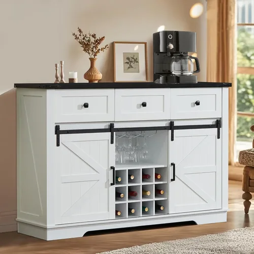 Gabinete de buffet con almacenamiento, armario grande de 54 pulgadas para bar de vino y café con puertas correderas de granero, estante para vino,