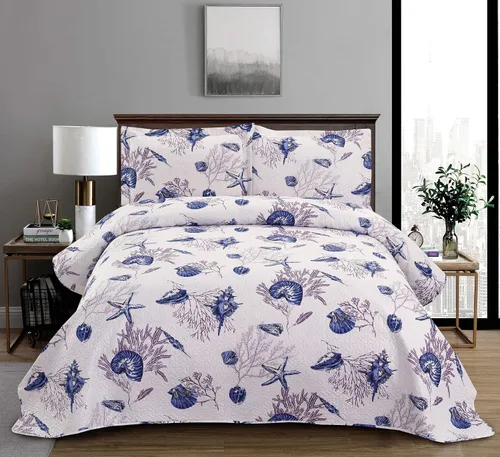 Miniatura 13 de Juego de cama reversible de 3 piezas con diseño náutico, tamaño Queen (90x90 Pulgadas), con conchas de mar azul-verde y coral, juego de colcha