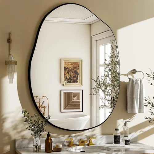 Miniatura 11 de HARRITPURE Espejo de baño irregular de 22 x 32 pulgadas, espejo de pared moderno negro con marco de madera, espejos decorativos asimétricos