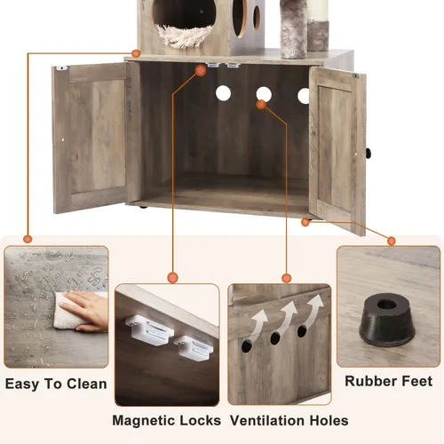 Miniatura 6 de Timberer Árbol para gatos con recinto para caja de arena, torre para gatos 2 en 1 para gatos de interior, condominio grande de madera para gatos