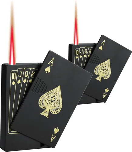 Miniatura 9 de Encendedor de antorcha de chorro, Ace Card Green Flame Lighter, diseño de póker de metal, resistente al viento, recargable, butano, encendedor