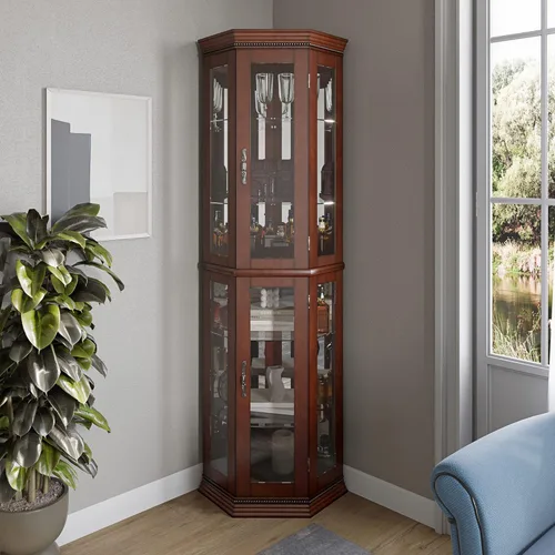 Miniatura 11 de BELLEZE Vitrina Curio con iluminación de 3 lados, puerta de vidrio templado y estantes, gabinete de esquina de madera con bombilla, estante Roble