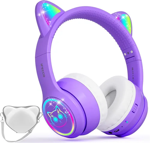 Miniatura 12 de IFECCO Kids Wireless Headphones with Case - Cute LED Light Up Cat Ear,50H Playtime,Safe Volume Limited,Bluetooth 6.0 Kids Girls Headphones for