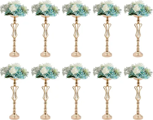 Miniatura 27 de Juego de 10 portavelas de metal dorado de 10.2 pulgadas de alto, florero, arreglo floral, candelabro, candelabro, portavelas para bodas, fiestas