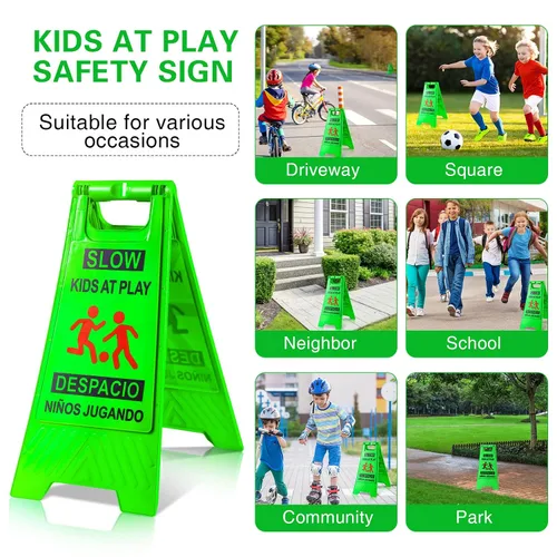 Miniatura 4 de 2 letreros de seguridad para niños en juego lento, texto y gráficos de doble cara, letreros de advertencia para jugar en la calle, vecindarios