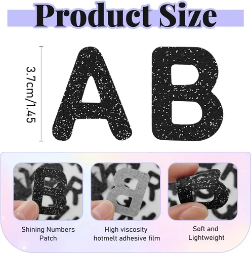 Miniatura 2 de 72 piezas de parches de letras y números para planchar con purpurina, parche bordado del alfabeto A-Z, números del 0 al 9 para chaquetas, mochilas