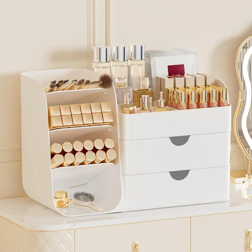 Organizador de Maquillaje con 2 Cajones M y Portacepillos - Estuche de Almacenamiento de Cosméticos para Tocador, Encimera de Baño y Escritorio -