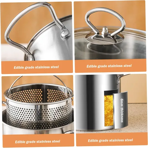 Miniatura 6 de Olla para freír con cesta, olla de 3.5 litros de acero inoxidable pequeña freidora profunda con mango antiquemaduras olla de pescado y cesta