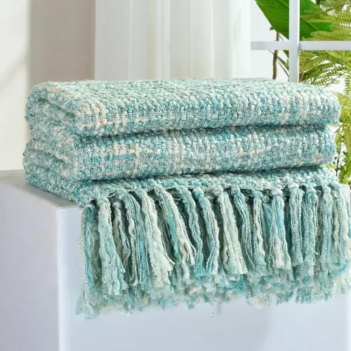 Miniatura 18 de Manta Throw de Punto de Cable Verde Multicolor para Sofá, 50"X60" Manta Texturizada Estilo Bohemio para Decoración del Hogar, Manta de Punto Grueso