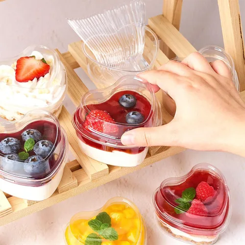 Miniatura 7 de TOFLEN Vasos de postre en forma de corazón de 5 onzas con tapas y cucharas, 300 unidades, sirve 100 unidades, mini vasos de plástico para postres
