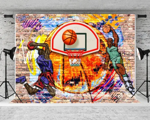 Miniatura 2 de Fondo de baloncesto con temática de graffiti, arte de fotografía deportiva, para decoración de fiesta de cumpleaños, pancarta, cabina de fotos