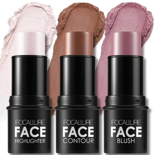 Miniatura 8 de FOCALLURE 3 barras de contorno en crema, tonos con iluminador y bronceador y rubor, lápiz de contorno facial de larga duración no graso, fácil