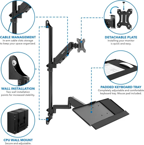 Miniatura 4 de Mount-It! Estación de trabajo de montaje en pared con soporte para monitor individual, bandeja para teclado y soporte para CPU, brazos ajustables