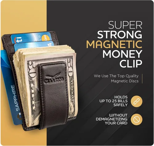 Miniatura 64 de Billetera de cuero con clip para dinero, bolsillo frontal delgado, bloqueo RFID con imán súper fuerte