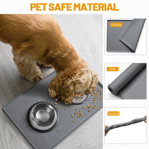 Miniatura 5 de Hubulk - Alfombrilla para alimentación de perros, 100% impermeable, de silicona de grado alimenticio para mascotas, apta para lavavajillas, borde