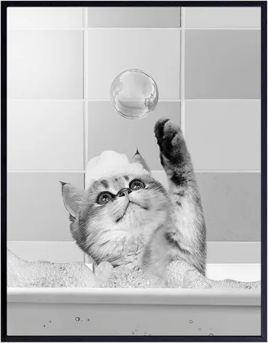 Miniatura 9 de Bonita decoración de baño de gato, decoración única de pared de baño, arte moderno para pared de baño, obra de arte de tocador, decoraciones de baño
