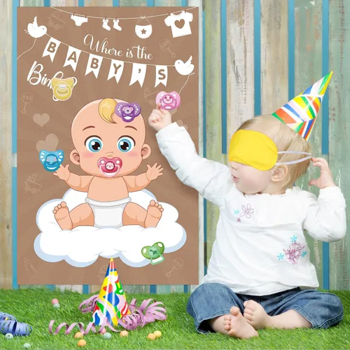 Miniatura 9 de Pin The Pacifier On The Baby Game Póster de juegos de chupetes con 64 calcomanías para chupetes para baby shower, regalos de fiesta, suministros