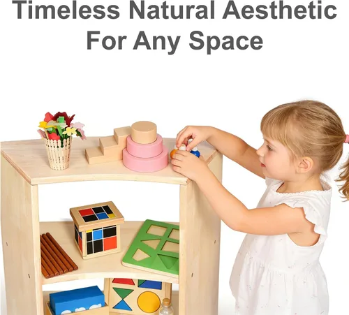 Miniatura 9 de Estante de almacenamiento Montessori curvado de 3 niveles - Organizador infantil para juguetes, libros y suministros de arte, muebles de gabinete