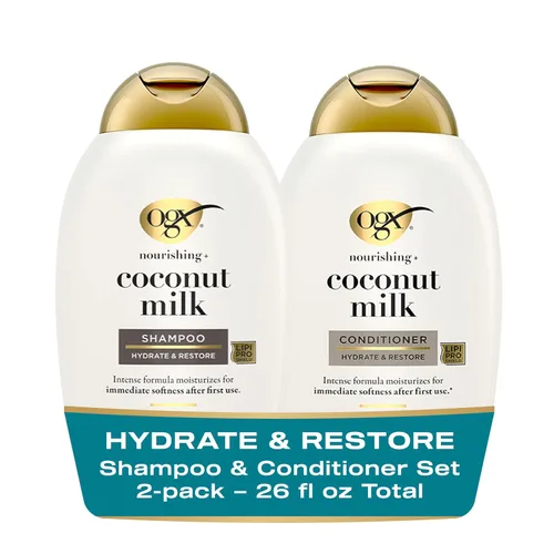 OGX Nutritivo + juego de champú y acondicionador sin sulfato de leche de coco, hidrata y suaviza el cabello, tecnología Lipi Pro Shield, aroma