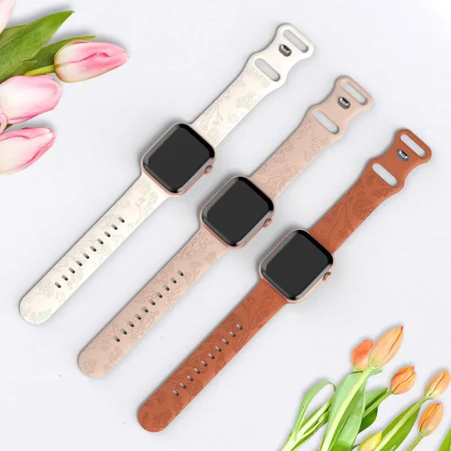 Miniatura 2 de Paquete de 3 correas de silicona grabadas florales compatibles con Apple Watch Band de 1.496 pulgadas, 1.575 pulgadas, 1.614 pulgadas, 1.654