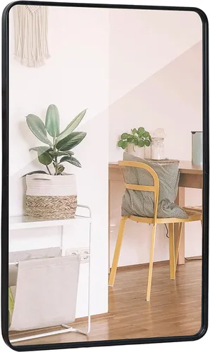 Miniatura 8 de Super Deal Espejo de pared negro de 24 x 36 pulgadas para baño, marco de metal de acero inoxidable con esquina redondeada, espejos rectangulares
