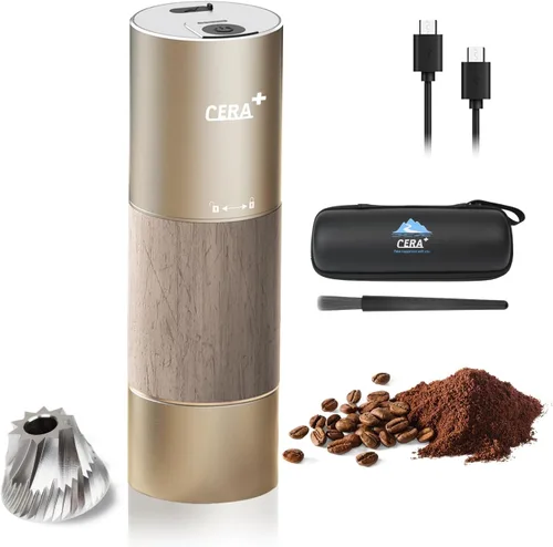 CERA+ CGE01 - Molinillo de café eléctrico portátil para rebabas, adecuado para viajes, camping, senderismo con bolsa, color dorado