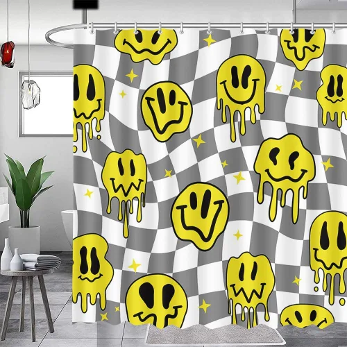 Miniatura 8 de MEHOFOND Cortina de ducha a cuadros negros y blancos, divertidas cortinas de ducha con cara sonriente para decoración de baño, cortinas de ducha
