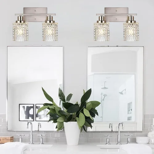 Miniatura 5 de MELUCEE Aplique de pared de 2 luces con pantalla de vidrio martillado, luces de baño de níquel cepillado sobre el espejo, accesorios de iluminación