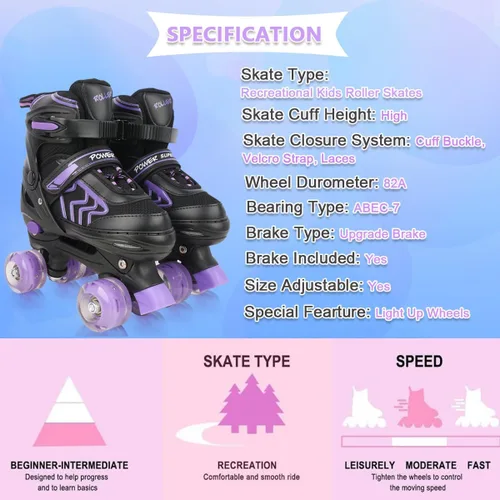Miniatura 5 de Patines ajustables para niños pequeños con ruedas iluminadas para niños y niñas principiantes para deportes de interior y exterior Morado y negro