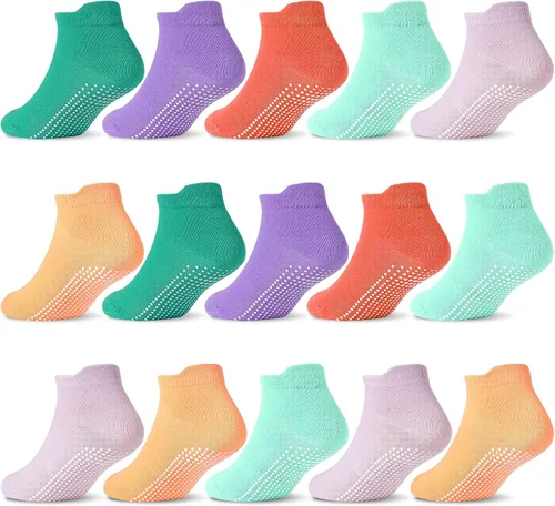 Miniatura 7 de GRPSKCOS Calcetines Antideslizantes para Niños Pequeños 15 Pares Calcetines de Agarre Antideslizantes de Corte Bajo para Niños y Niñas de 1 a 7 Años