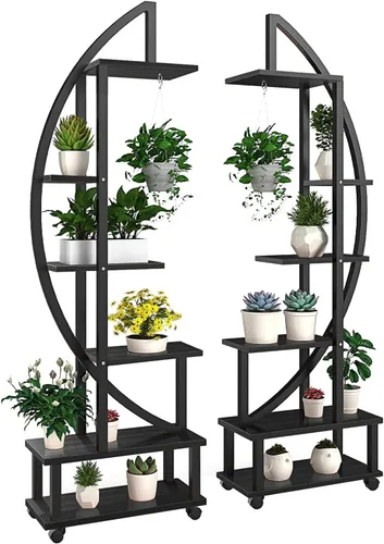 Miniatura 8 de 2 soportes de metal de 6 niveles altos para plantas de interior con ruedas desmontables, soporte para plantas para espacios exteriores con lazo